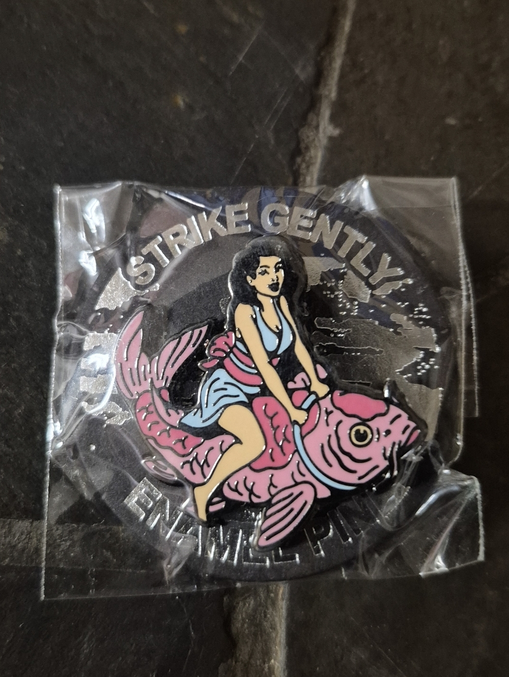 Pink Fish Pin with Rider - Enamel Pin - Picture 3 of 3